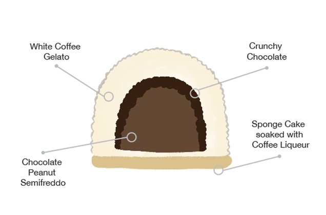 Anatomy and layers of Botolino White Coffee Cake - Noble Coyote white coffee gelato, chocolate peanut semifreddo, coffee liqueur sponge