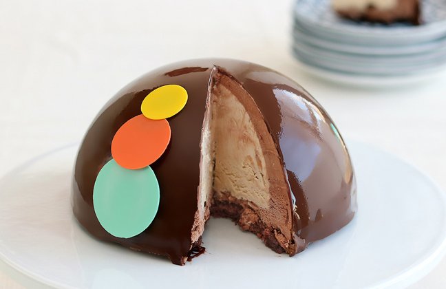 Dark chocolate semifreddo, white chocolate gelato with candied fruit and almonds.