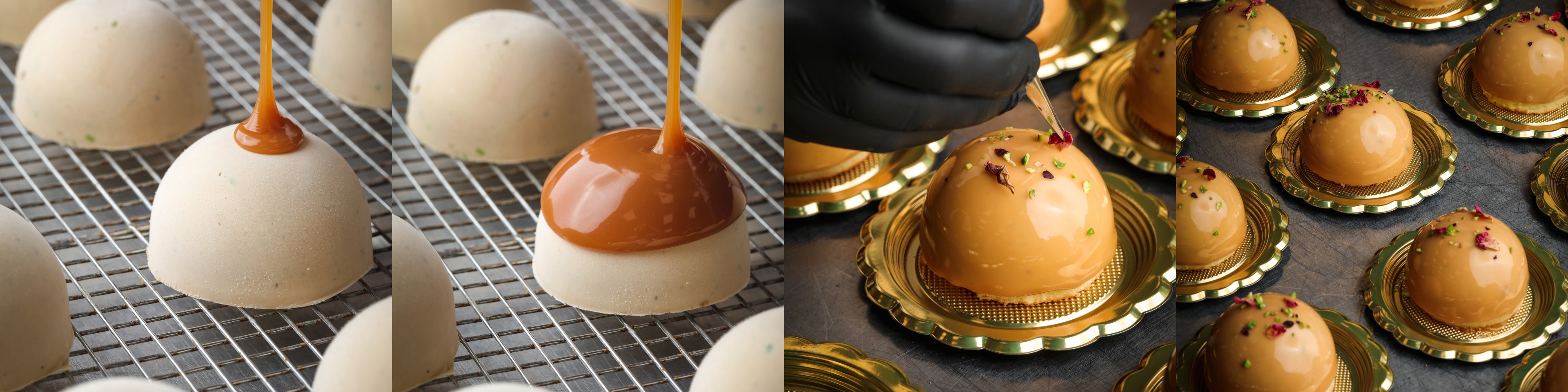 Three stages of handcrafting Botolino's Pistachio Cake: Marullo pistachio semifreddo domes before glazing, salted caramel glaze being poured by hand, and the finished cakes garnished with rose petals and pistachio pieces.