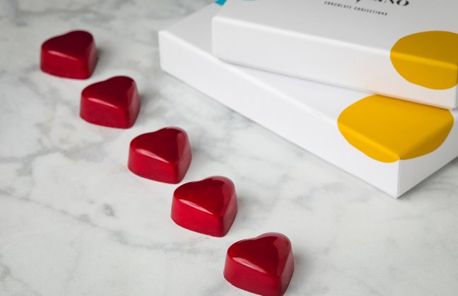 Botolino cherry bonbons — Valrhona white chocolate with cherry jelly, cherry ganache, and almond praline
